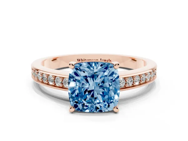 Fancy Blue Cushion Cut Solitaire Pavé Band Prong Setting Ring Rose gold
