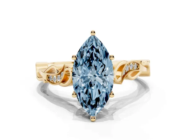 Fancy Blue Marquise Cut Solitaire Vine Band with Milgrain Prong Setting Yellow gold