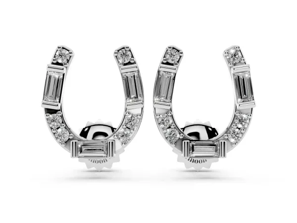 Baguette and Round Diamond Horseshoe Stud Earrings Silver