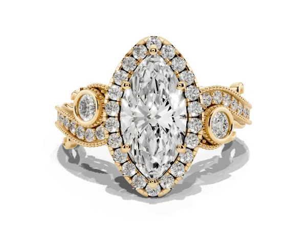 Marquise Cut Halo Diamond Ring with Milgrain and Bezel Accents on a Split Shank Band Yellow gold
