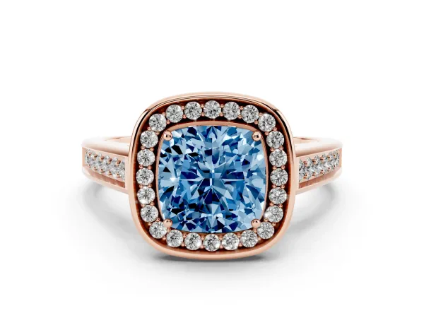 Fancy Blue Cushion Cut Halo Solitaire Diamond Ring with Pave Band and Bezel Setting Rose gold