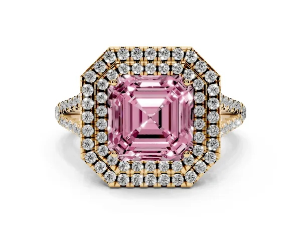 Fancy Pink Asscher Cut Diamond Double Halo Ring with Pavé Band and Prong Setting Yellow gold