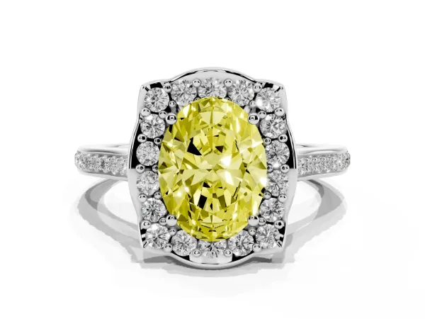 Fancy Yellow Oval Cut Halo Round Diamond Pave Band with Four-Prong Setting Platinum