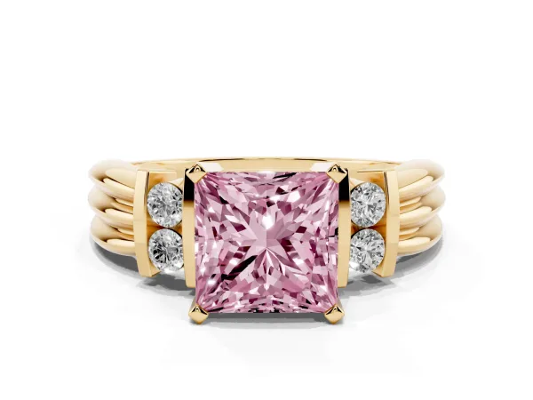 Fancy Pink Princess Cut Cut Three-Stone Channel Set Ring with Bar Prongs Yellow gold