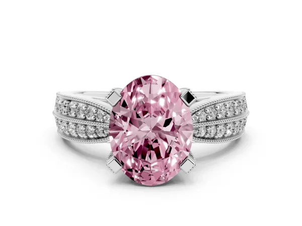 Fancy Pink Oval Cut Diamond Solitaire Ring with Milgrain Round Pavé Band and Prong Setting White gold
