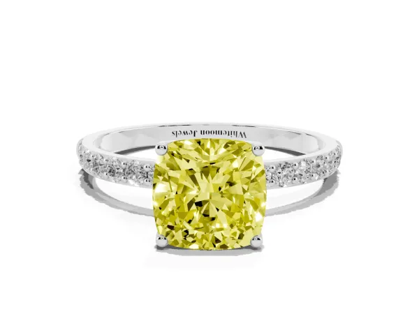 Fancy Yellow Cushion Cut Diamond Solitaire Engagement Ring with Round Pavé Band and Prong Setting White gold