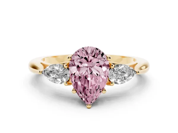 Fancy Pink Three-Stone Pear Cut Brilliant Diamond Solitaire Ring with Tapered Band and Four-Prong Setting Yellow gold