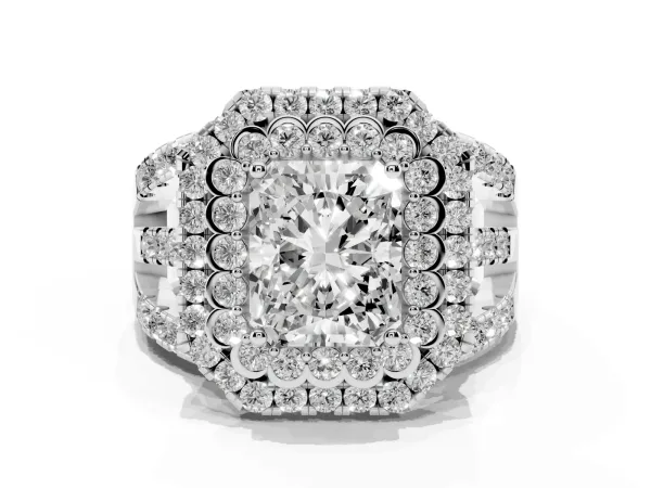 Radiant Cut Diamond Double Halo Ring with Round Pavé Split Shank and Prong Setting Platinum
