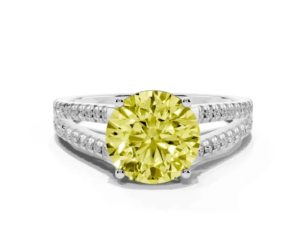 Fancy Yellow Round Cut Diamond Solitaire Engagement Ring with Split Shank Pavé Band White gold