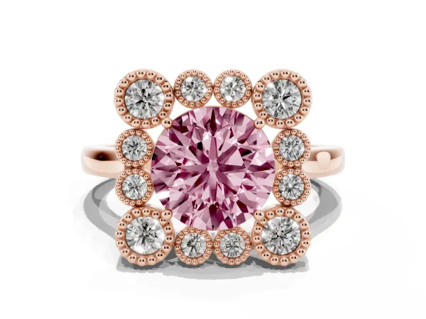 Fancy Pink Round Cut Halo Diamond Cluster Engagement Ring with Milgrain Bezel Setting and Solitaire Band Rose gold