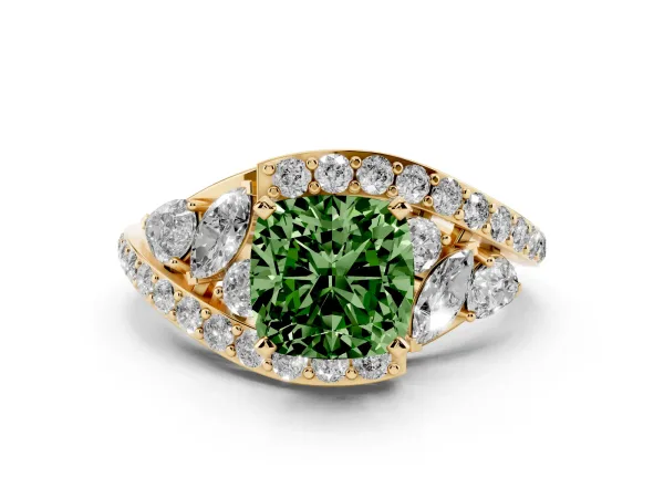 Fancy Green Cushion Cut Diamond Halo Ring with Marquise and Pavé Band in Prong Setting Yellow gold