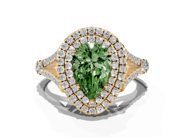 Fancy Green Pear Cut Cut Double Halo Split Shank Diamond Ring with Prong Setting Yellow gold
