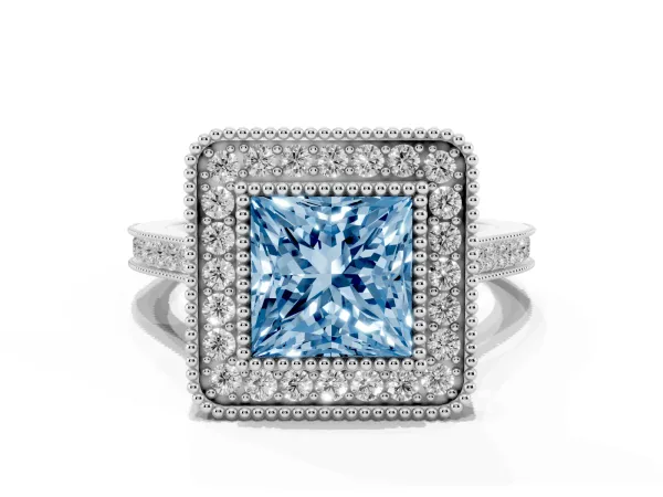 Fancy Blue Princess Cut Diamond Halo Ring with Milgrain Frame and Pavé Band Platinum