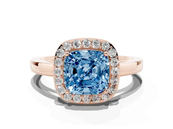 Fancy Blue Cushion Cut Halo Diamond Ring with Solitaire Band and Prong Setting Rose gold