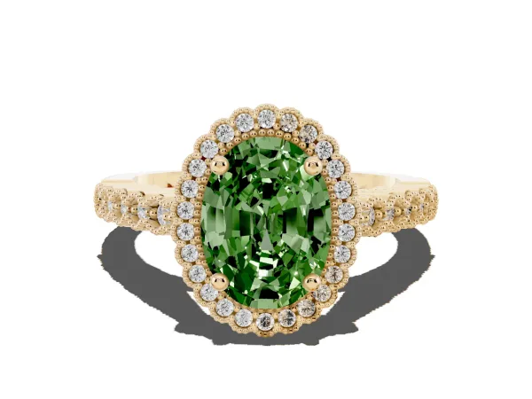 Fancy Green Oval Cut Cut Halo Pavé Solitaire Ring with Milgrain Band Yellow gold