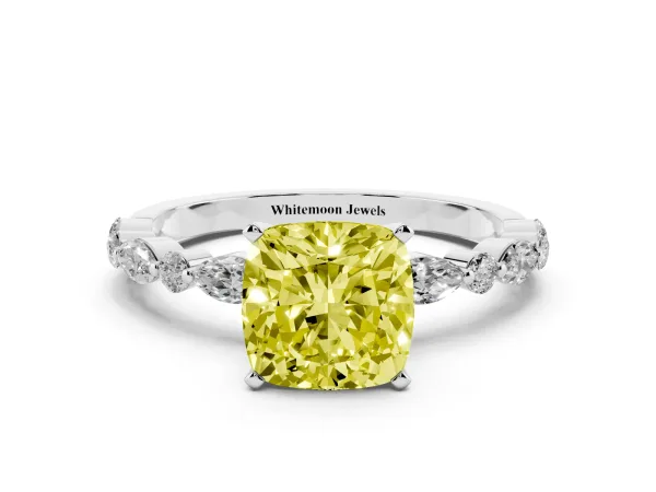 Fancy Yellow Cushion Cut Diamond Ring with Marquise and Round Side Stones and Four-Prong Setting White gold