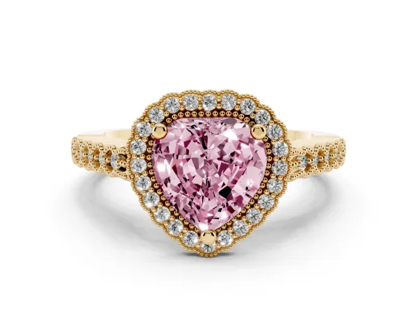 Fancy Pink Heart Cut Cut Halo Pavé Solitaire Ring with Milgrain Band Yellow gold