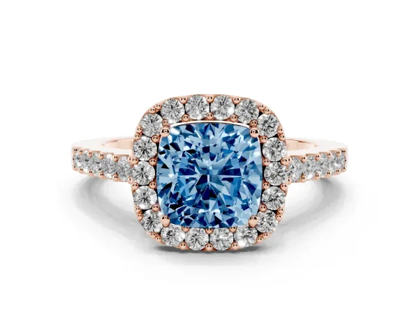 Fancy Blue Cushion Cut Halo Diamond Pavé Solitaire Ring Rose gold