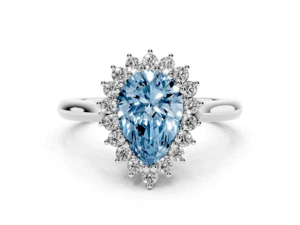 Fancy Blue Pear Cut Cut Diamond Halo Ring with Solitaire Band and Prong Setting White gold