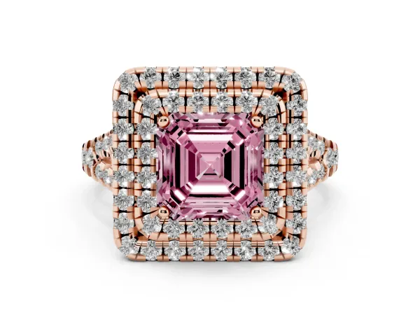 Fancy Pink Double Halo Asscher Cut Diamond Pavé Split Shank Ring with Prong Setting Rose gold