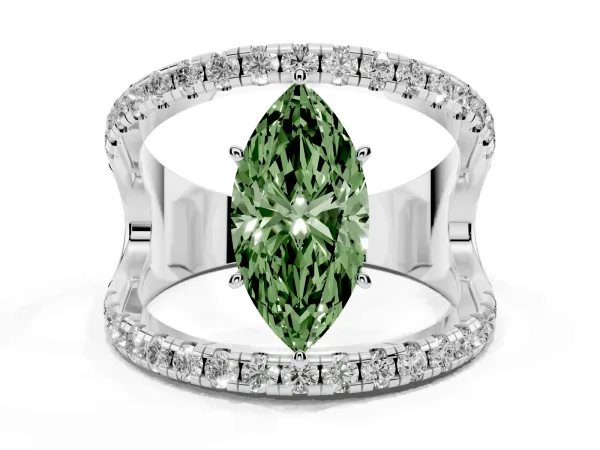 Fancy Green Marquise Cut Solitaire Split Shank Pave Diamond Ring White gold