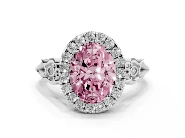 Fancy Pink Oval Cut Halo Diamond Engagement Ring with Filigree Band and Four-Prong Setting White gold