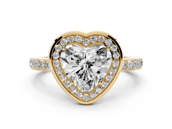 Heart Cut Diamond Halo Ring with Bezel Frame and Pavé Band Yellow gold