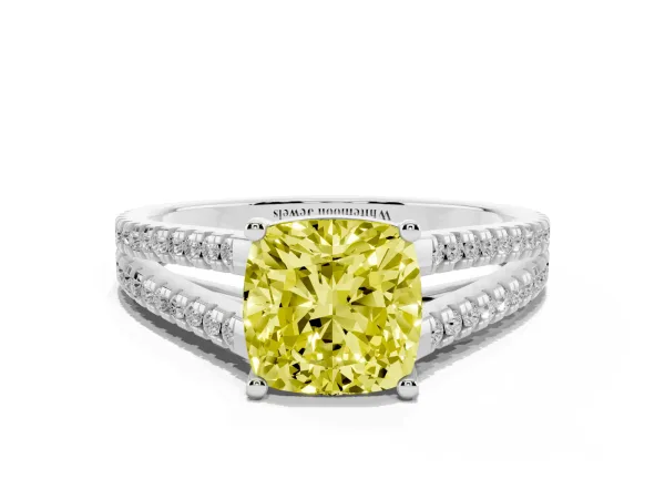 Fancy Yellow Cushion Cut Diamond Solitaire Engagement Ring with Split Shank Pavé Band White gold