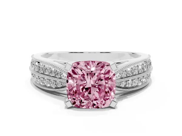 Fancy Pink Cushion Cut Diamond Solitaire Ring with Milgrain Round Pavé Band and Prong Setting Platinum