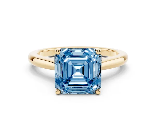 Fancy Blue Asscher Cut Cut Solitaire Ring with Cathedral Band and Four-Prong Setting Yellow gold