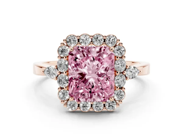 Fancy Pink Radiant Cut Diamond Halo Ring with Pear Side Stones and Prong Setting Rose gold