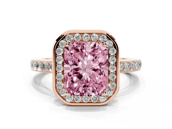 Fancy Pink Radiant Cut Diamond Halo Ring with Bezel Frame and Pavé Band Rose gold