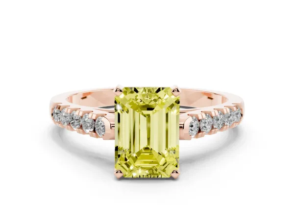 Fancy Yellow Emerald Cut Diamond Pavé Band Solitaire Ring with Prong Setting Rose gold
