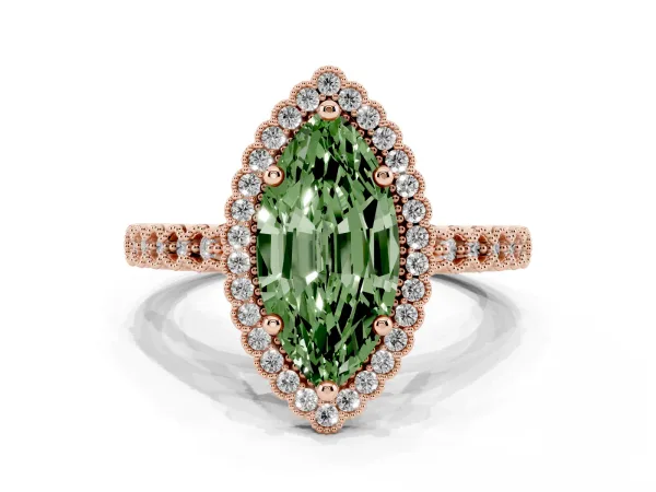 Fancy Green Marquise Cut Cut Halo Pavé Solitaire Ring with Milgrain Band Rose gold