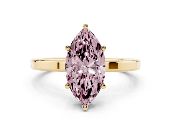 Fancy Pink Marquise Cut Cut Solitaire Engagement Ring with Four-Prong Setting on a Classic Band Yellow gold