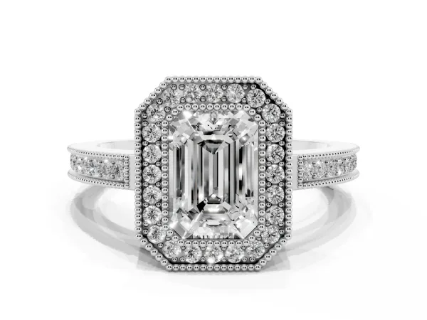 Emerald Cut Cut Halo Diamond Ring with Pavé Band and Milgrain Prong Setting White gold