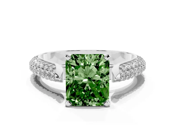 Fancy Green Radiant Cut Diamond Solitaire Engagement Ring with Multi-Row Round Pavé Band and Prong Setting Platinum