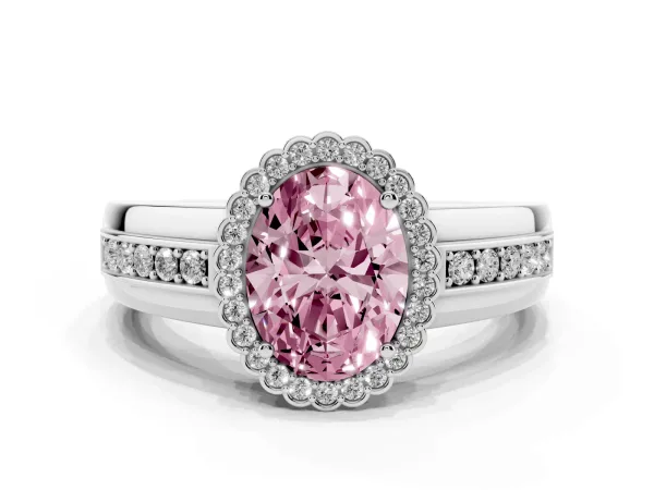 Fancy Pink Oval Cut Cut Halo Pave Band Four-Prong Ring White gold