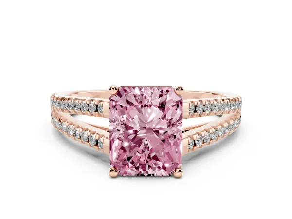 Fancy Pink Radiant Cut Diamond Solitaire Engagement Ring with Split Shank Pavé Band Rose gold