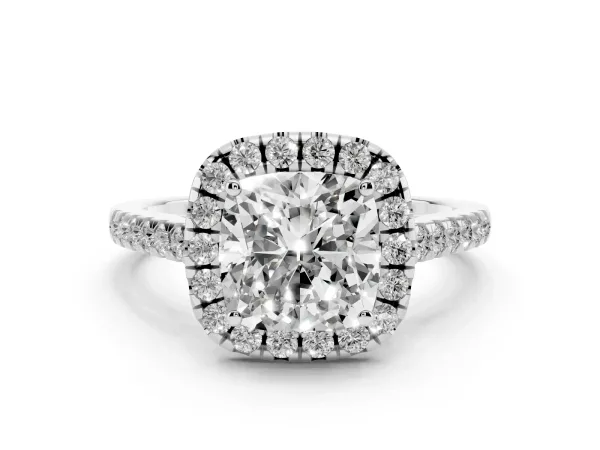 Cushion Cut Halo Pavé Diamond Engagement Ring with Four-Prong Setting White gold