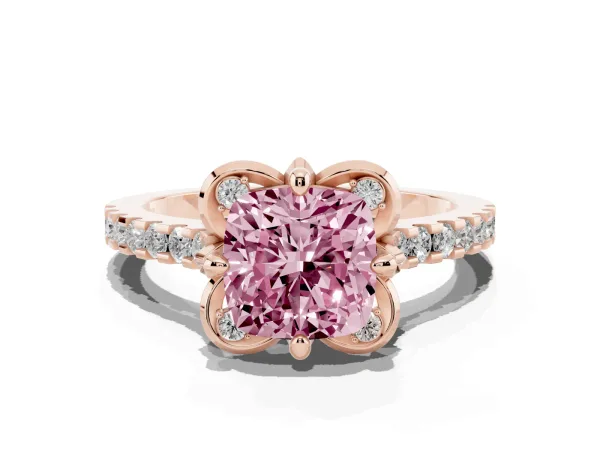 Fancy Pink Cushion Cut Diamond Ring with Pavé Band and Floral Prong Setting Rose gold