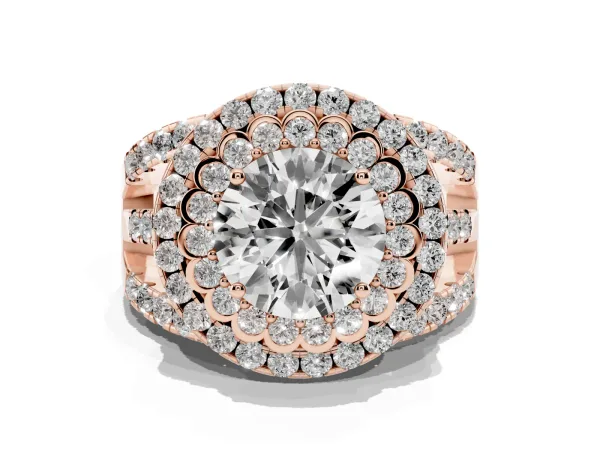 Round Cut Diamond Double Halo Ring with Round Pavé Split Shank and Prong Setting Rose gold