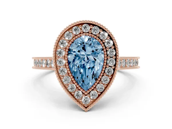 Fancy Blue Halo Pear Cut-Cut Diamond Pave Band Milgrain Prong Setting Ring Rose gold