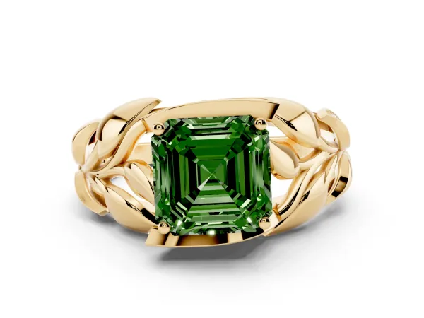 Fancy Green Asscher Cut Diamond Leaf-Inspired Engagement Ring with Round Accents and Prong Setting Yellow gold