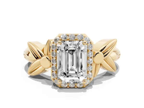 Emerald Cut Halo Diamond Floral Band with Four-Prong Setting Yellow gold