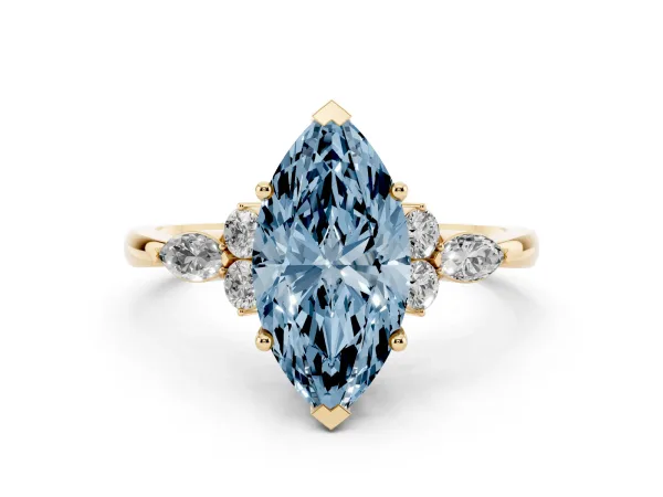 Fancy Blue Marquise Cut Brilliant Diamond Solitaire Ring with Pear Side Stones and Four-Prong Setting Yellow gold