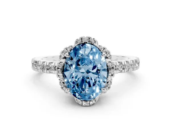 Fancy Blue Oval Cut Halo Diamond Pave Band Ring with Four-Prong Setting Platinum