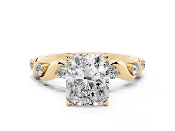 Radiant Cut Diamond Solitaire Twisted Band with Round Accents and Prong Setting Yellow gold