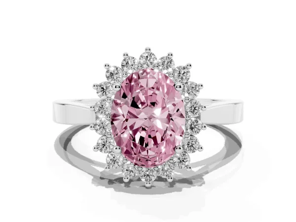 Fancy Pink Oval Cut Cut Diamond Halo Ring with Round Brilliant Halo and Solitaire Band Platinum