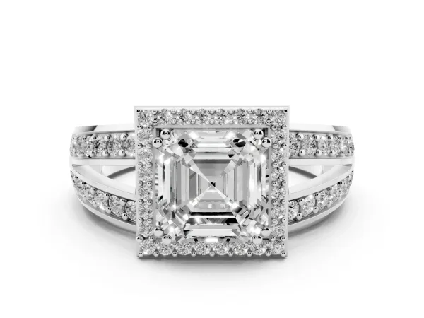 Asscher Cut Diamond Halo Ring with Split Shank Pavé Band and Four-Prong Setting Platinum